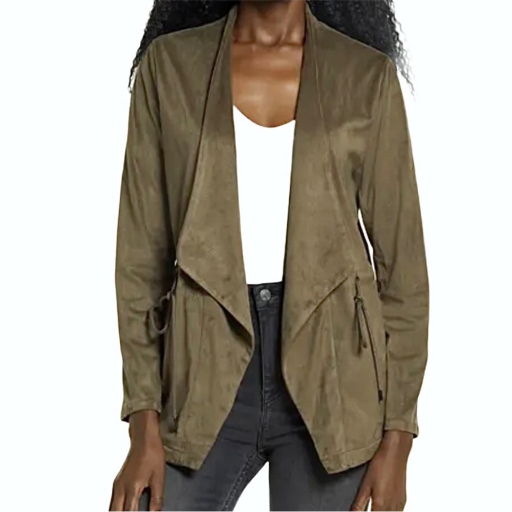 BLANK NYC OLIVE GREEN FAUX SUEDE DRAPE JACKET WITH DRAWSTRING WAIST SIZE MEDIUM
